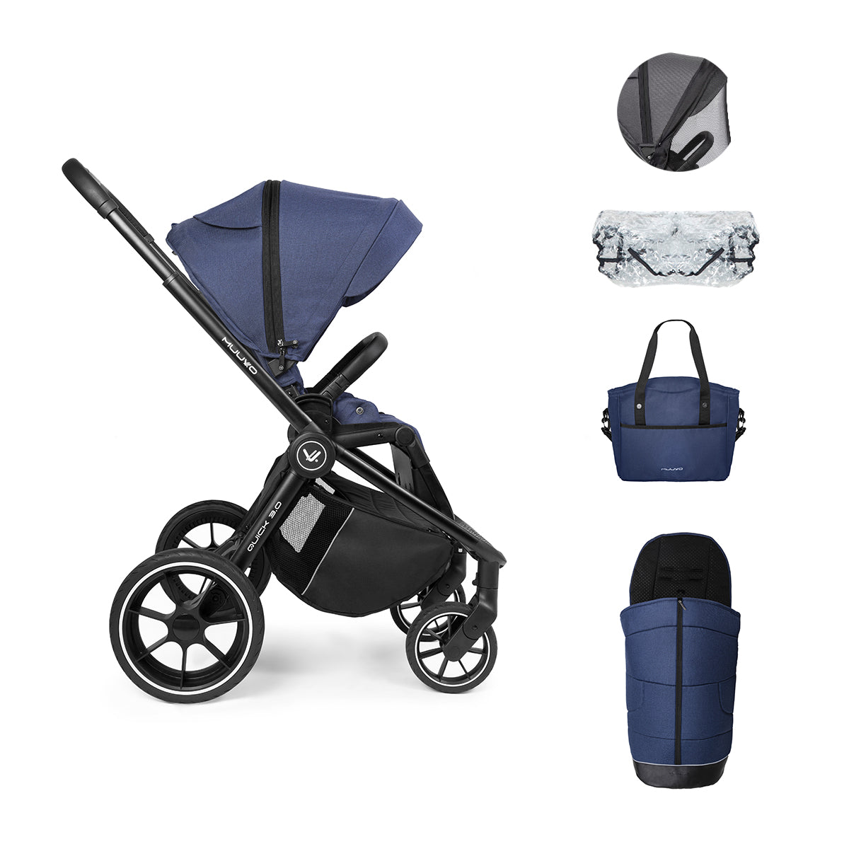 Carro Muuvo Quick 3.0 con saco, bolso burbuja y mosquitera