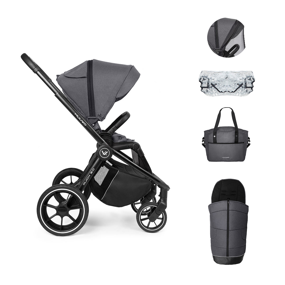 Carro Muuvo Quick 3.0 con saco, bolso burbuja y mosquitera