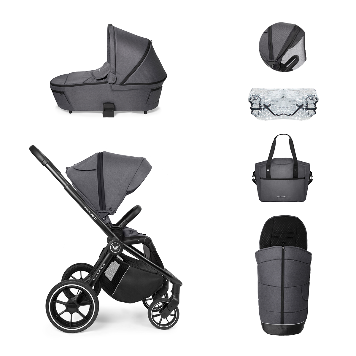 Carro Muuvo Quick 3.0 con saco, bolso burbuja y mosquitera