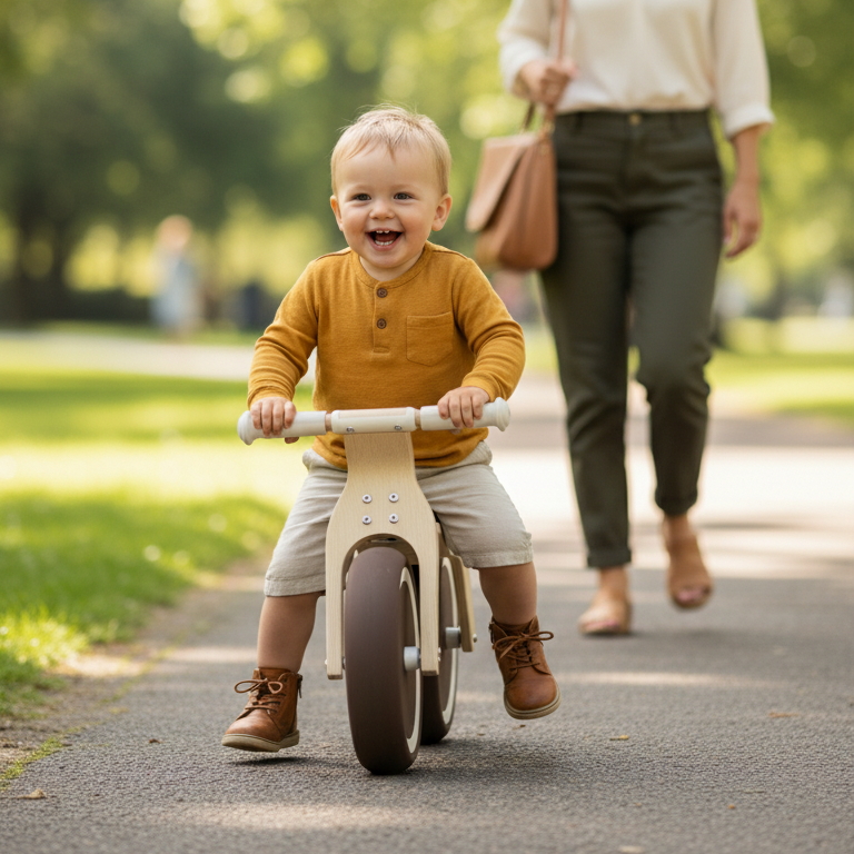 Bravold EcoBike Bicicleta de equilibrio de madera para niños (2-5 años) con asiento acolchado, ruedas silenciosas EVA y diseño premium