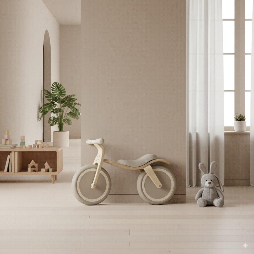 Bravold EcoBike Bicicleta de equilibrio de madera para niños (2-5 años) con asiento acolchado, ruedas silenciosas EVA y diseño premium